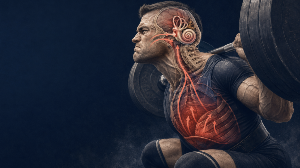 Editorial illustration of perilymphatic fistula from weightlifting showing the pressure pathway from heavy squat to inner ear