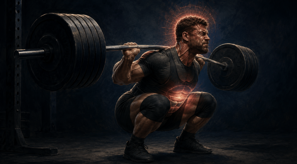 Powerlifter performing heavy back squat with Valsalva bracing, illustrating high intra-abdominal pressure