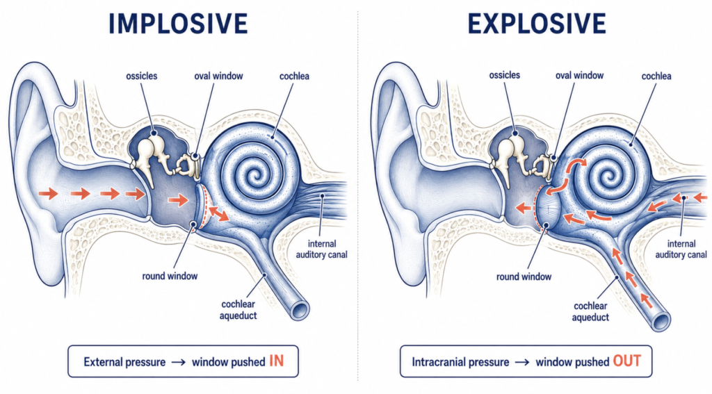 Diagram comparing implosive and explosive mechanisms of perilymphatic fistula