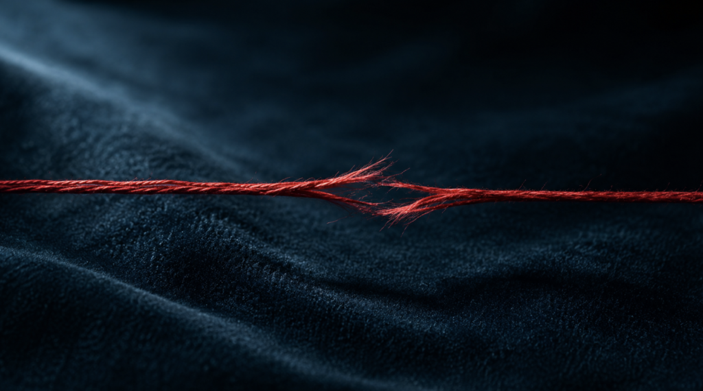 A single frayed crimson thread on dark velvet — a visual metaphor for carotid blowout syndrome, the rupture of the carotid artery in head and neck cancer patients