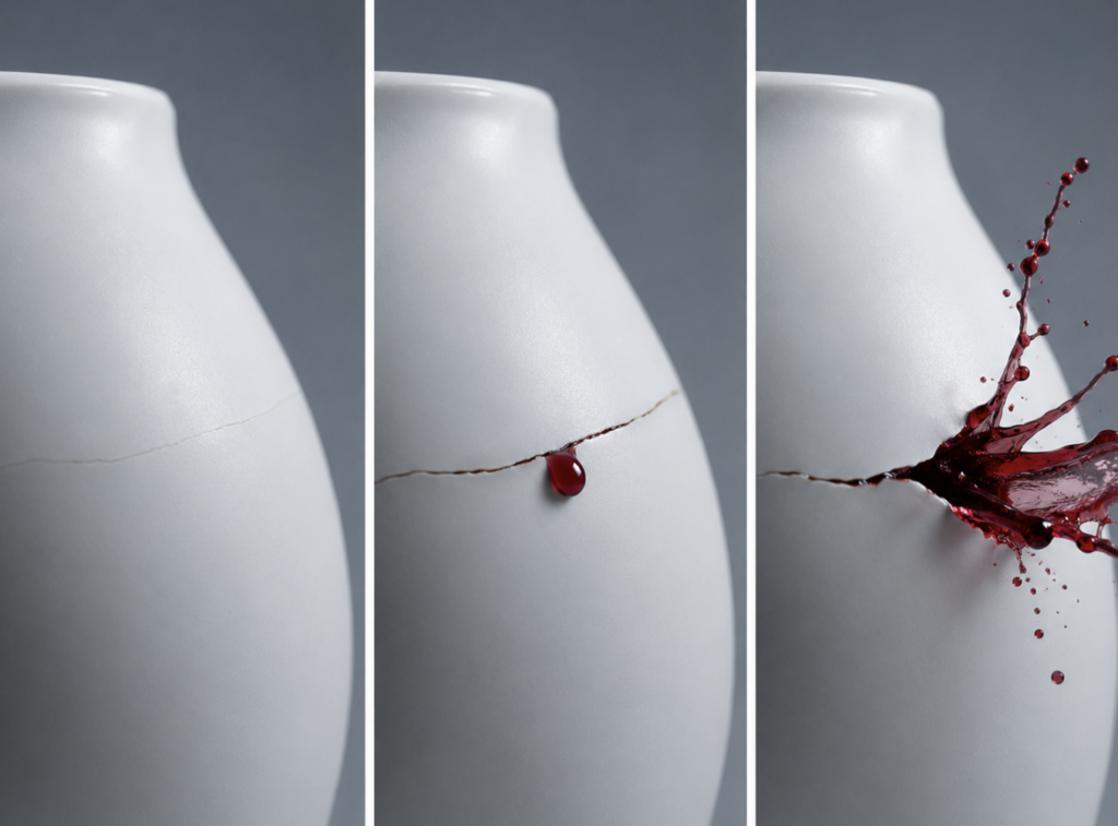 Three-panel conceptual photograph showing progressive structural failure of a porcelain surface — representing the three stages of carotid blowout syndrome: threatened, impending, and acute

