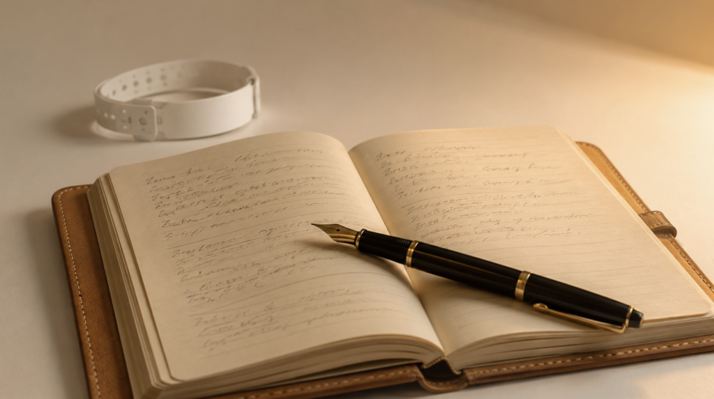 A blank hospital wristband and a clinician's notebook on a desk in warm light — image accompanying a clinical reflection on carotid blowout syndrome and long-term cancer survivor follow-up