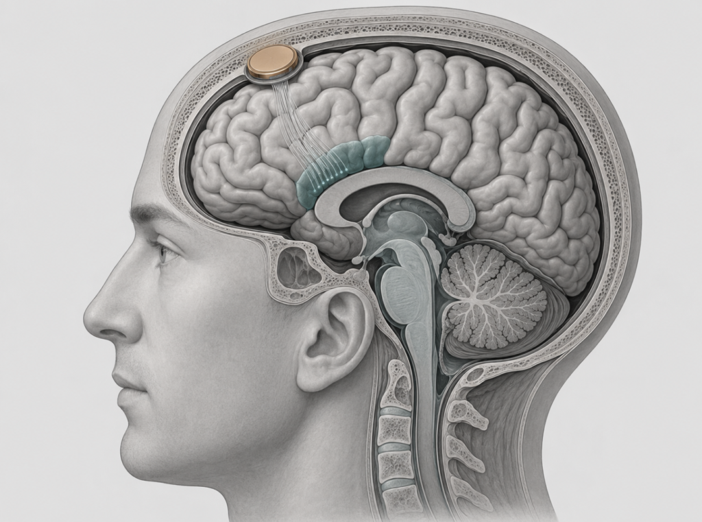 Conceptual illustration of the Neuralink N1 implant placed on the skull with electrode threads descending into the speech motor cortex.
