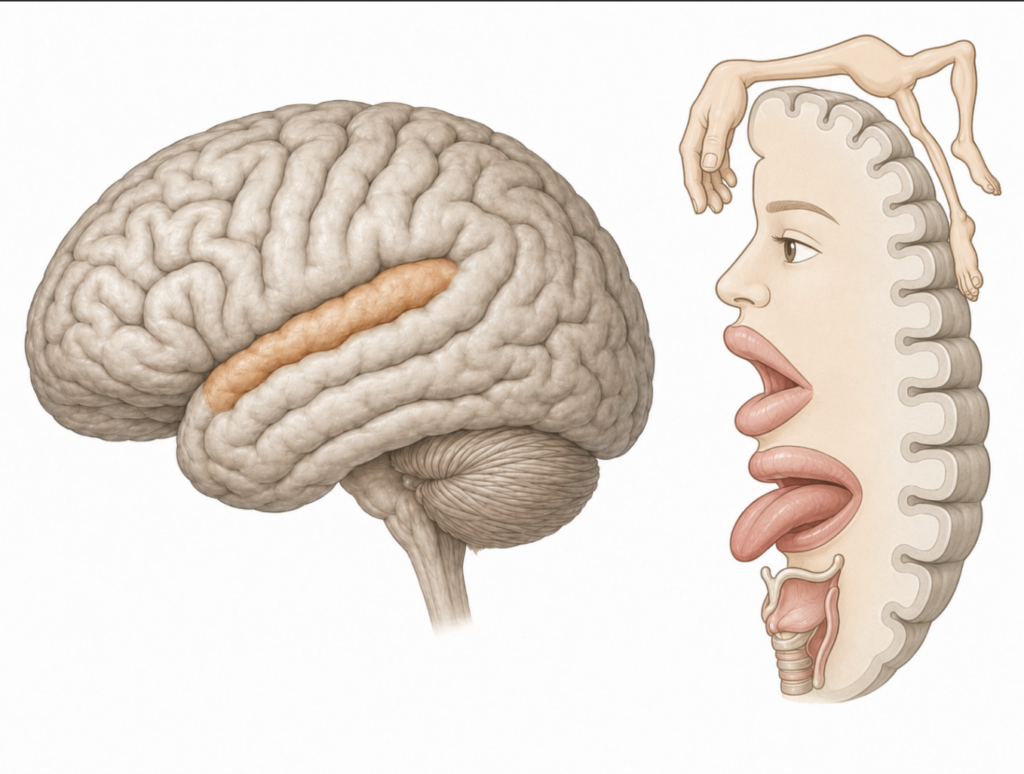Diagram of the lateral surface of the human cerebrum highlighting the ventral precentral gyrus as the cortical territory targeted by speech brain-computer interfaces, with an inset showing the motor homunculus region devoted to face, lips, tongue, and larynx.