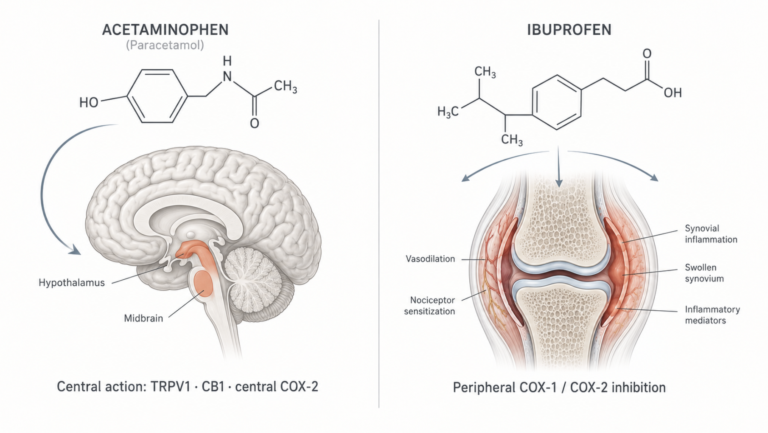 Editorial medical infographic comparing acetaminophen vs NSAIDs mechanisms — central action via TRPV1/CB1/central COX-2 versus peripheral COX-1/COX-2 inhibition at inflamed tissue.