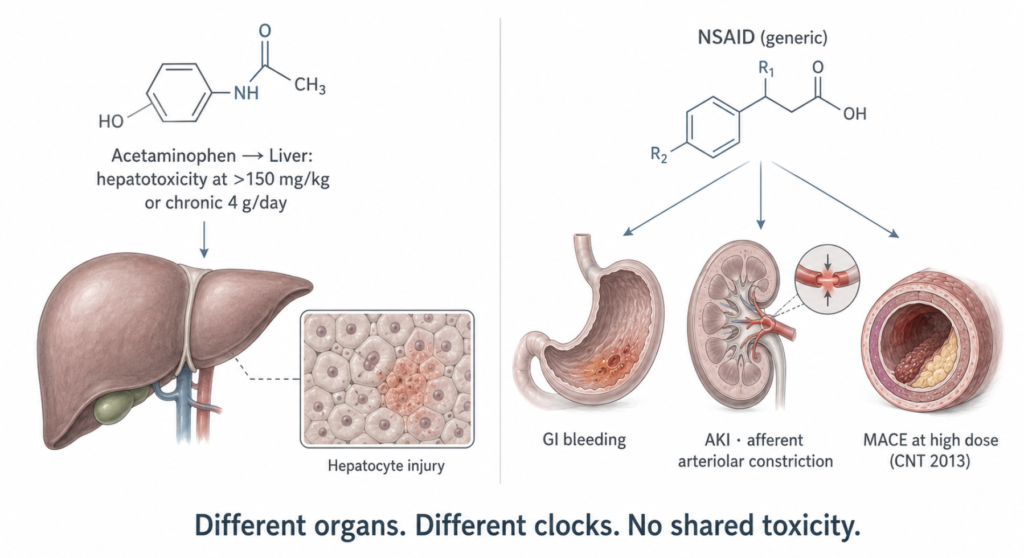 Anatomical diagram contrasting acetaminophen and NSAID toxicity targets — acetaminophen damages the liver (hepatocyte injury at >150 mg/kg or chronic 4 g/day), while NSAIDs damage the gut (GI bleeding), kidneys (afferent arteriolar constriction), and arteries (major vascular events at high dose).