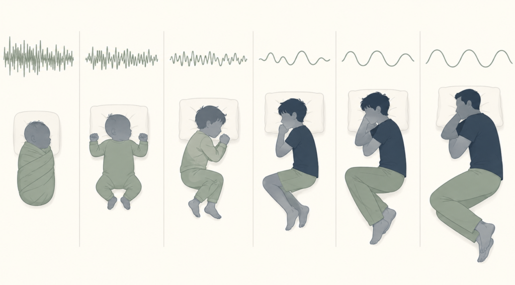 Sleep cycles by age — illustration showing how sleep architecture changes from newborn to adult