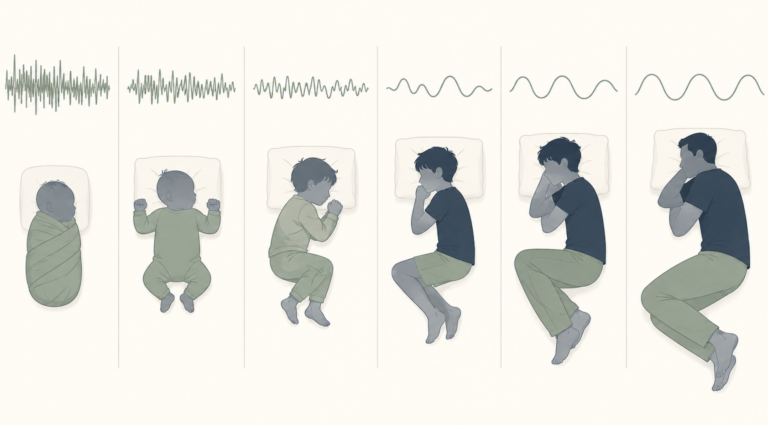 Sleep cycles by age — illustration showing how sleep architecture changes from newborn to adult