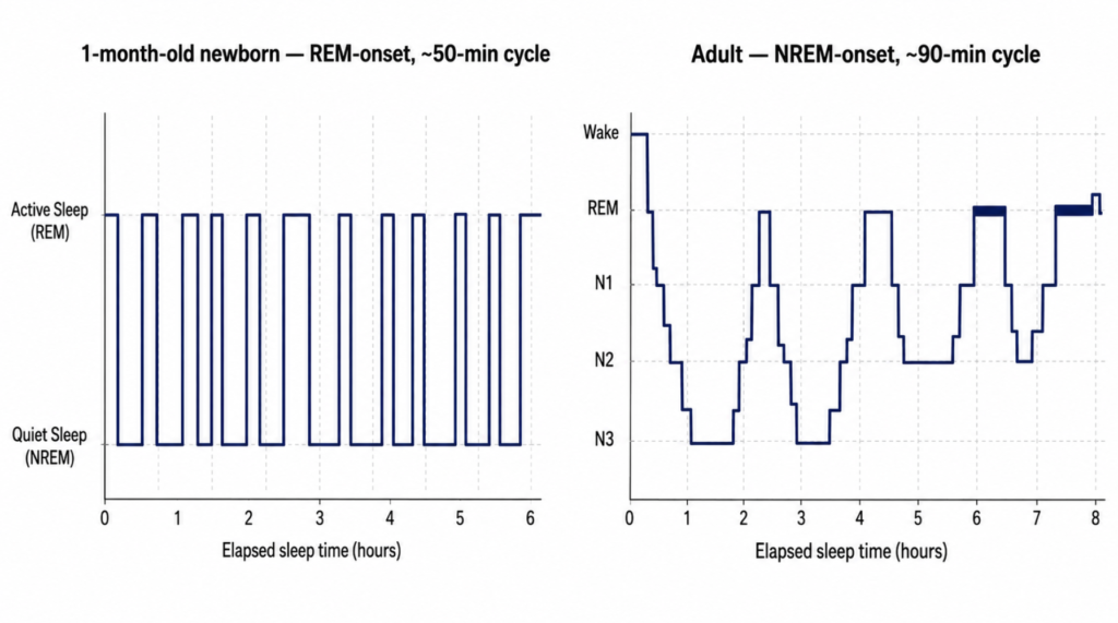 Hypnogram comparison between newborn REM-onset sleep cycle and adult NREM-onset sleep cycle
