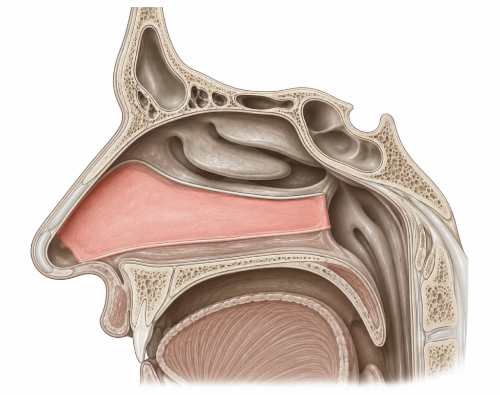 Anatomical illustration of nasal septum and nasal cavity with deviation