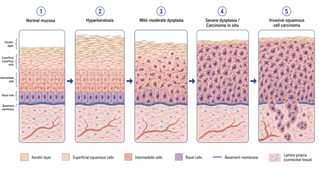 Leukoplakia progression diagram from normal mucosa through dysplasia to squamous cell carcinoma