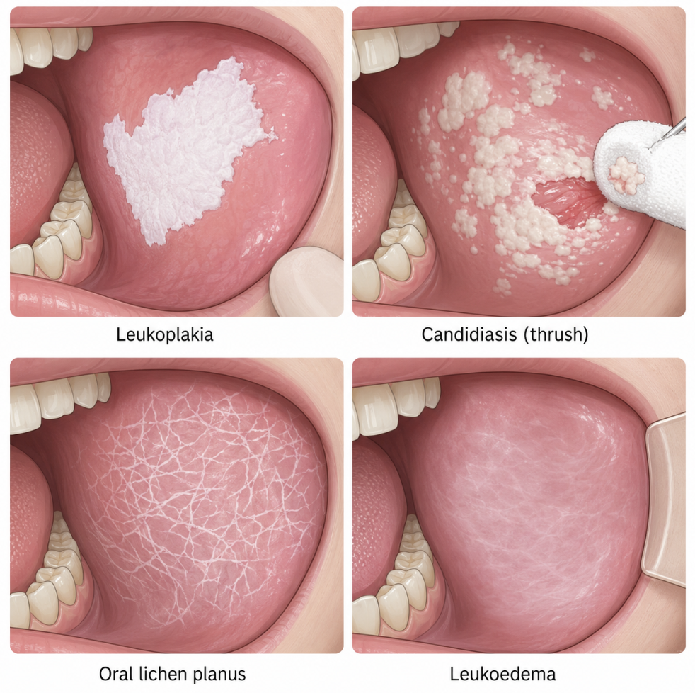 Differential diagnosis comparison of leukoplakia versus candidiasis, lichen planus, and leukoedema