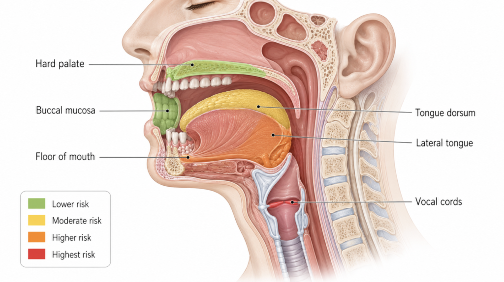 Anatomical illustration of leukoplakia risk by location — oral cavity and larynx color-coded