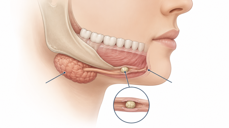 Medical illustration of salivary gland stones in the submandibular gland under the jaw