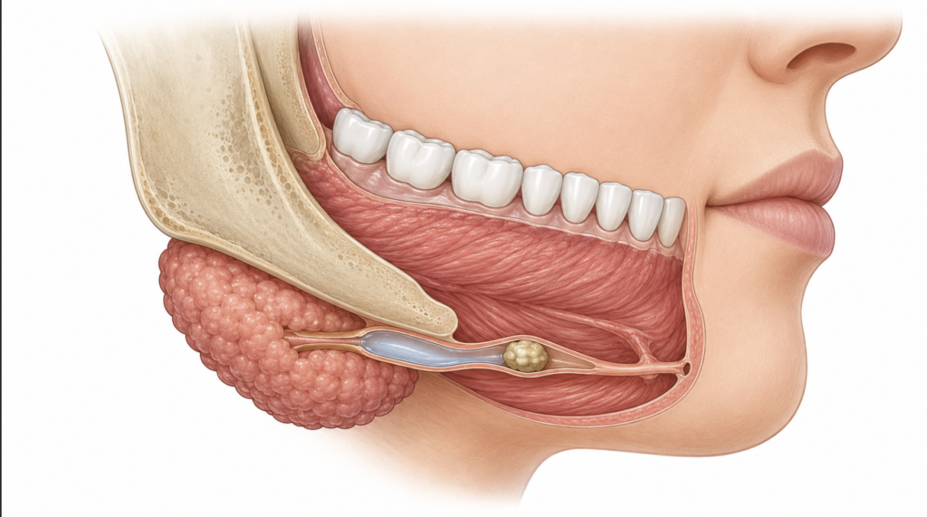 Anatomical diagram of a salivary gland stone lodged in the submandibular (Wharton's) duct