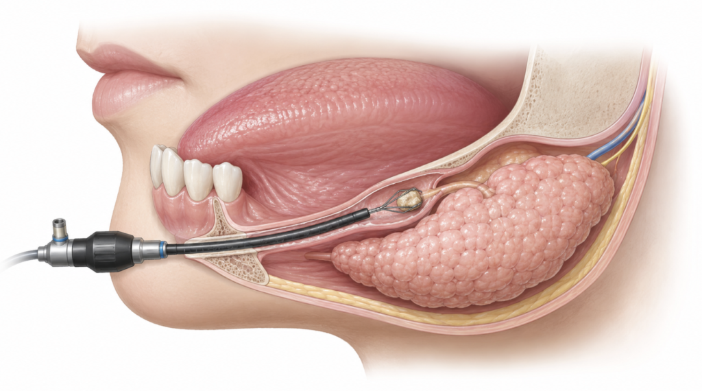 Sialendoscopy removing a salivary gland stone while preserving the gland
