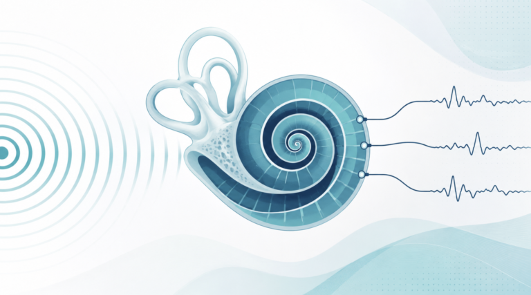 Objective hearing tests concept — soundwaves entering a cochlea and an electrophysiologic response emerging