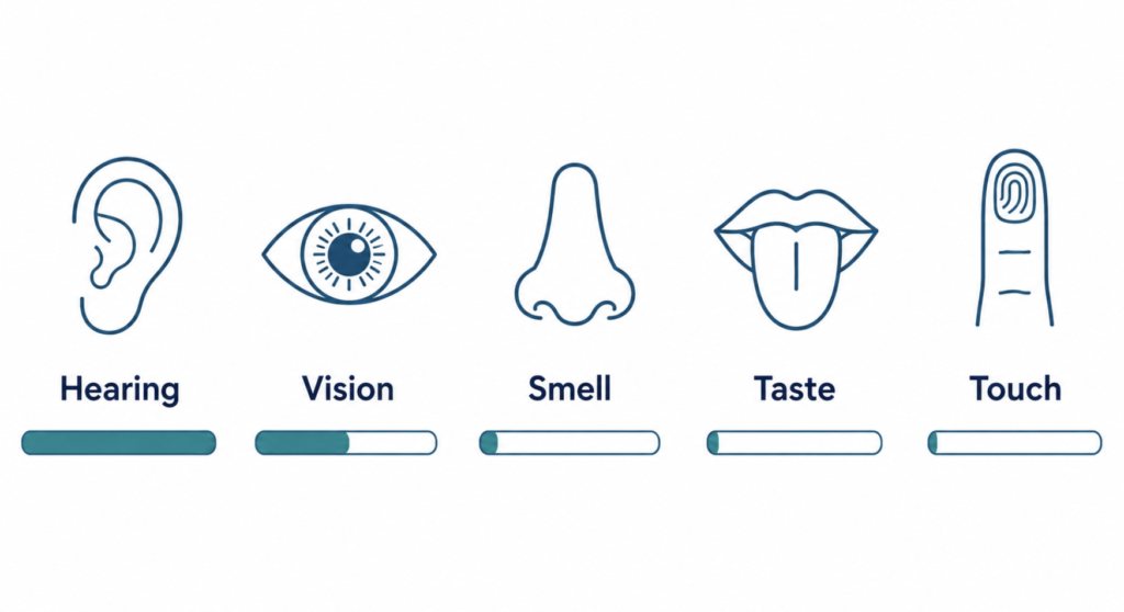 Comparison of how routinely each of the five human senses is measured objectively in clinical practice