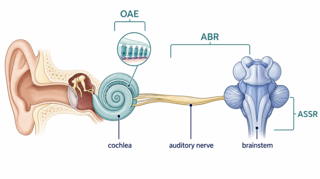 Auditory pathway diagram showing where OAE, ABR, and ASSR each measure along the cochlea, nerve, and brainstem