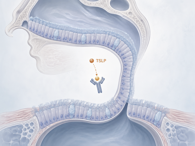 Conceptual illustration of the united airway, showing one epithelial lining connecting the nose and lungs, with an antibody blocking the TSLP signal.