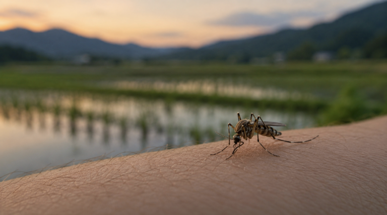 Japanese encephalitis vaccine guide — a Culex mosquito at dusk beside a Korean rice paddy