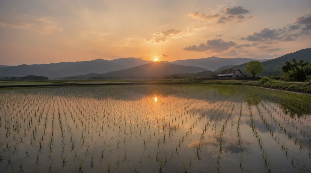 A warm, humid Korean rice paddy at summer dusk — breeding ground for the mosquito that spreads Japanese encephalitis