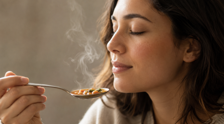 A person savoring food and inhaling its aroma, illustrating the role of smell in flavor.
