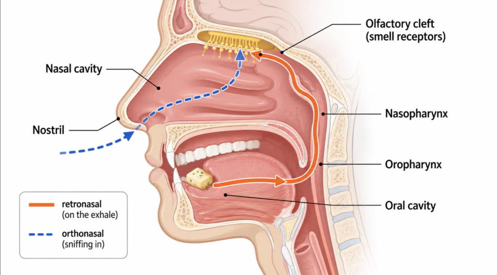 Midsagittal diagram of the orthonasal and retronasal smell pathways, from the mouth and nostril up to the olfactory cleft.