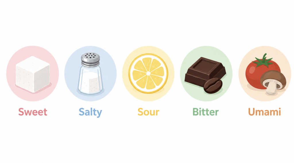 Infographic of the five basic tastes the tongue can detect: sweet, salty, sour, bitter, and umami.