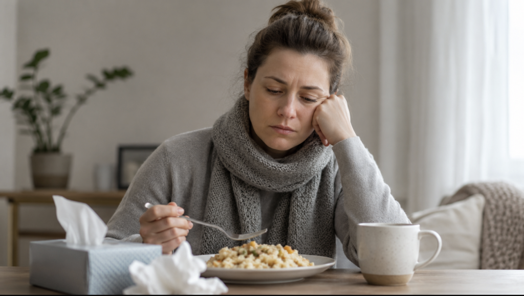 A person with a head cold and a congested nose looking at a plate of food that tastes bland because nasal congestion blocks smell.
