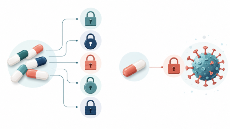 Antivirals vs. antibiotics: pills beside a virus showing why antiviral drugs are virus-specific