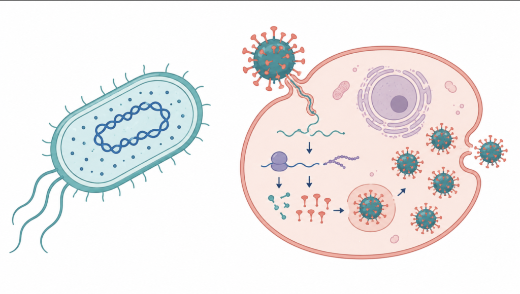 Diagram comparing a self-sufficient bacterium with a virus that invades a human cell to reproduce
