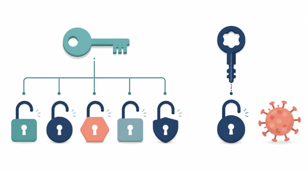 Antibiotic shown as a master key for many locks versus an antiviral as a single-lock key