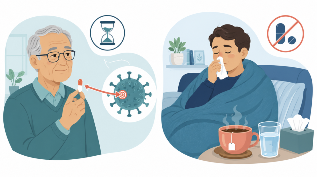 Two-panel illustration: a single targeted antiviral used early in a high-risk patient, versus a person resting with tea and fluids for a common cold that needs no antiviral