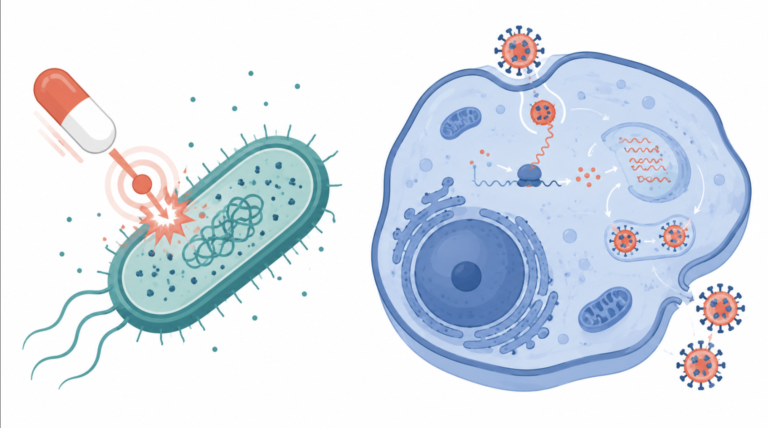 Split illustration contrasting a bacterium as a self-contained foreign cell with a virus operating inside a human cell, the essay's central reason antivirals are harder to make.
