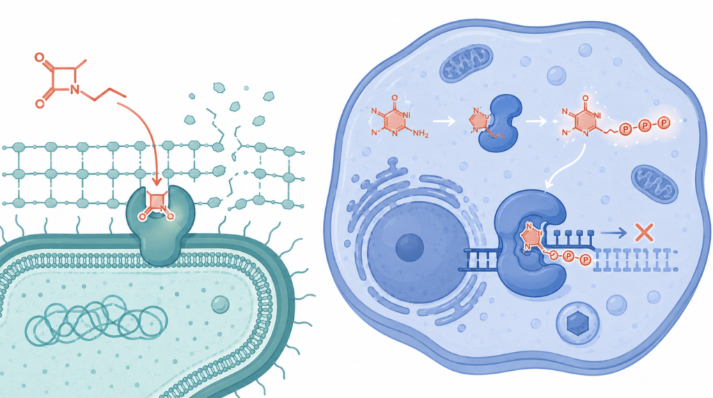 Diagram comparing how a β-lactam attacks a bacteria-only cell-wall enzyme versus how acyclovir is selectively activated inside a host cell to block a viral enzyme.