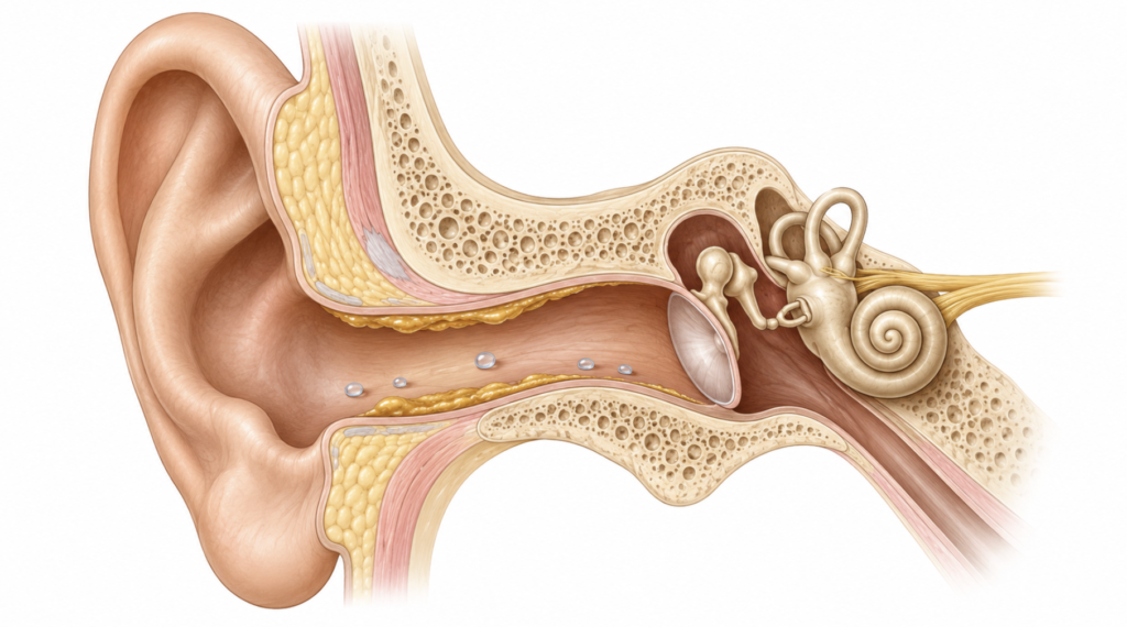 Cross-section of the ear canal showing the protective earwax barrier and trapped moisture that lets fungus grow