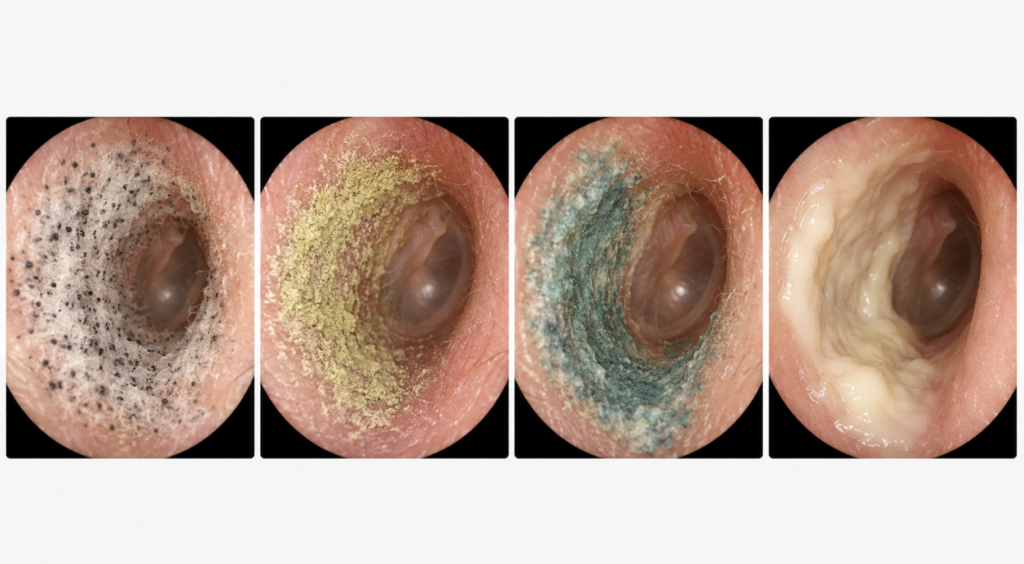 Comparison of fungal ear infection types: black, yellow-green and blue-green Aspergillus growth versus creamy-white Candida discharge