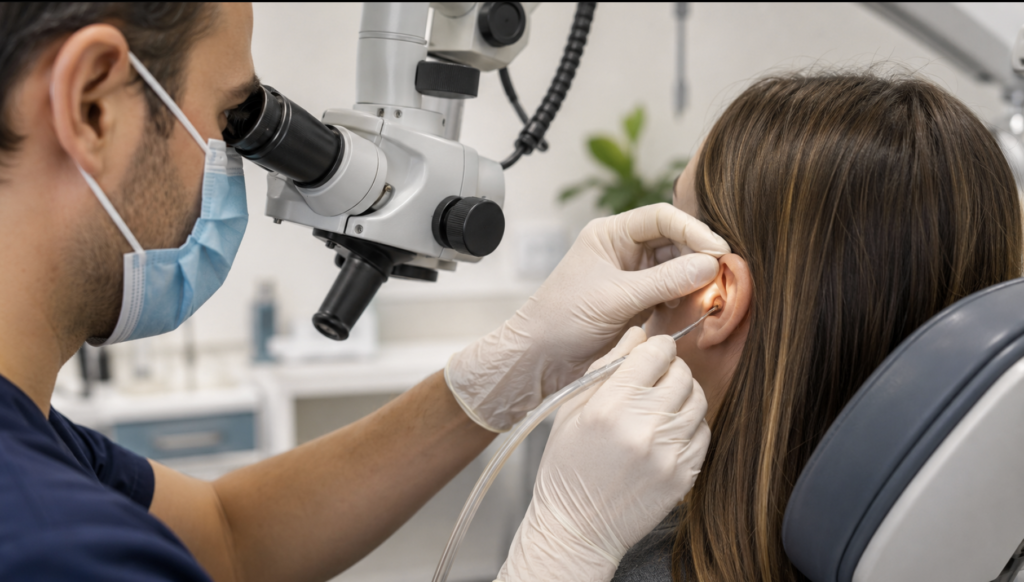ENT specialist using microsuction under a microscope to clean fungal debris from the ear canal