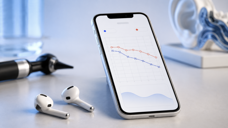 AirPods hearing test results on an iPhone screen beside wireless earbuds