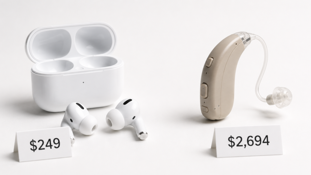 AirPods beside a prescription hearing aid with $249 and $2,694 price tags