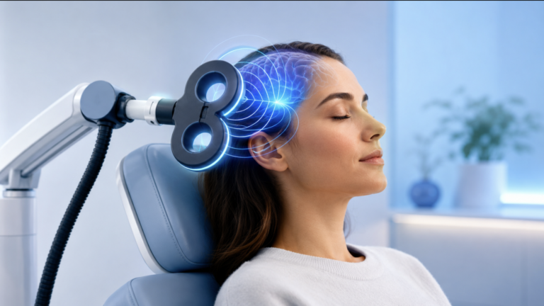 TMS therapy figure-eight coil delivering magnetic pulses near a patient's head