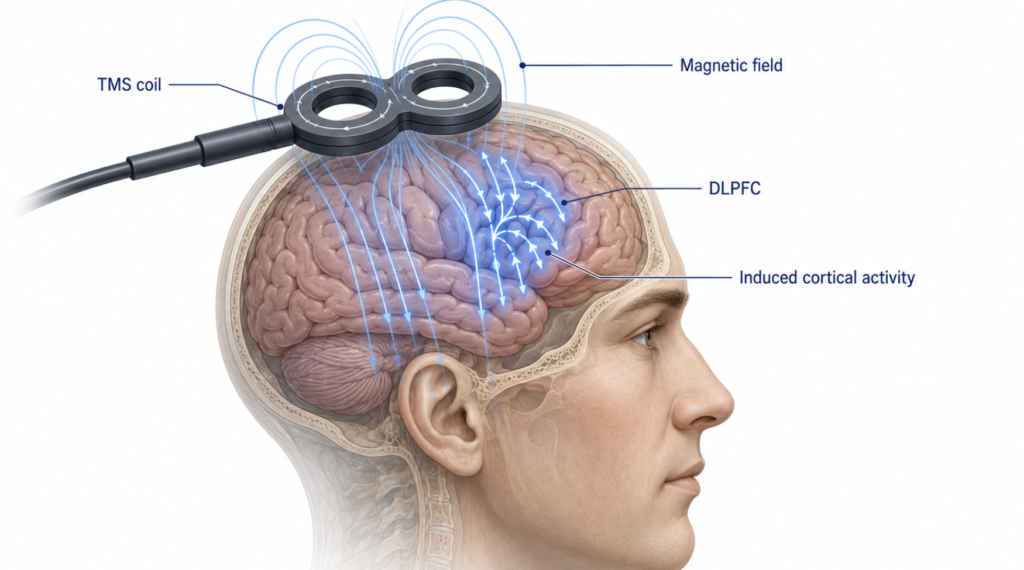 TMS coil over the dorsolateral prefrontal cortex with magnetic field lines reaching the brain