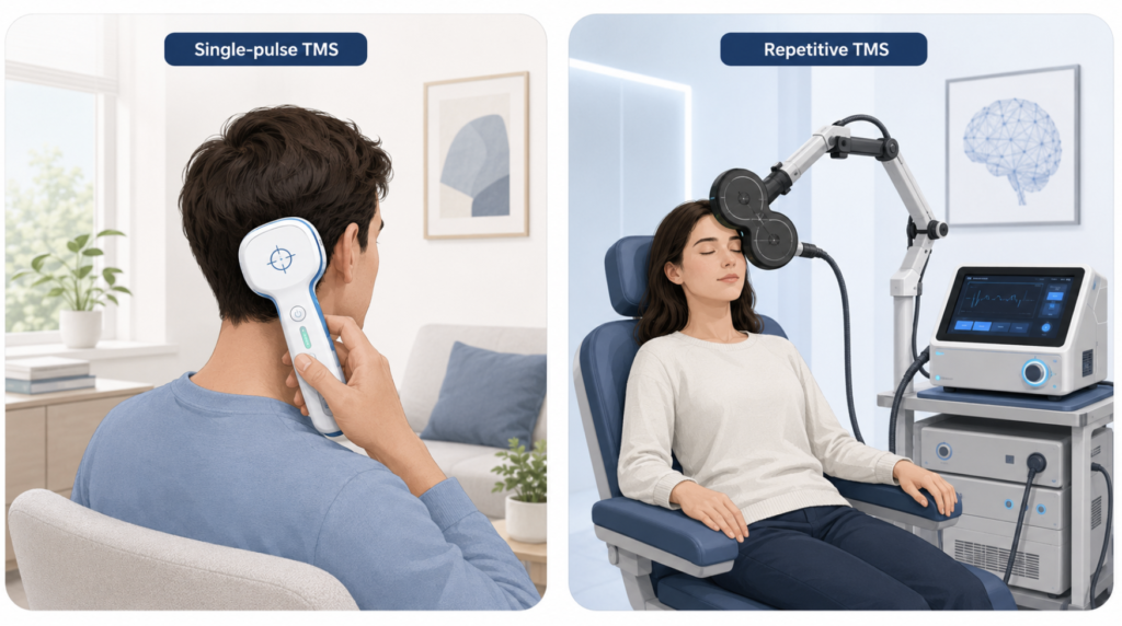 Handheld single-pulse TMS device for home use compared with a clinic-based repetitive TMS system