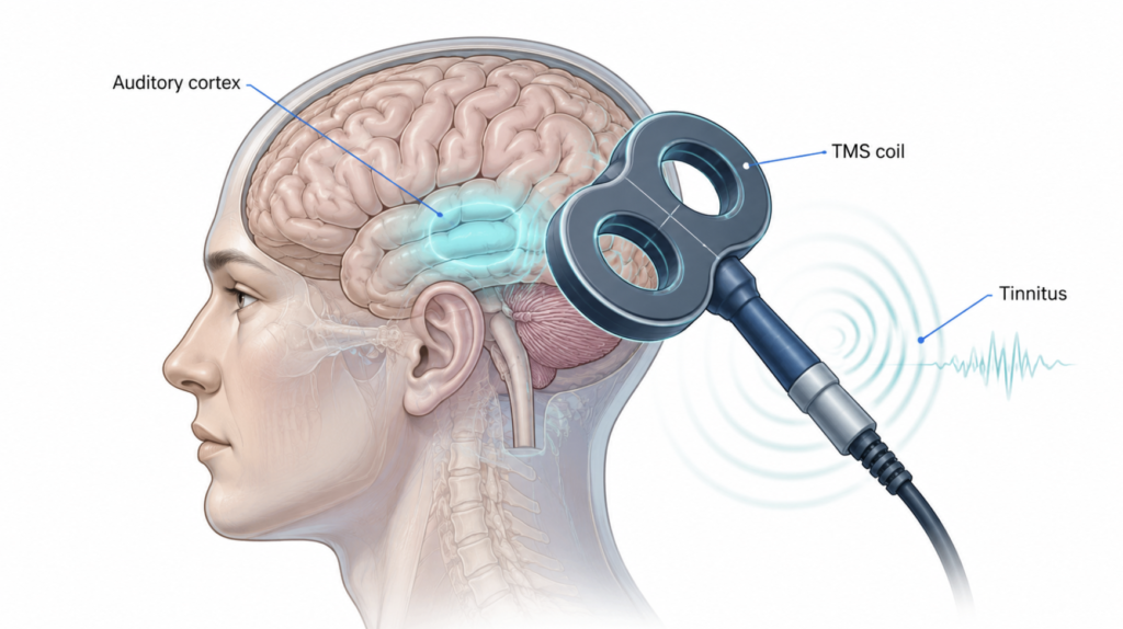 Brain illustration highlighting the auditory cortex with a TMS coil near the temporal region, representing tinnitus treatment