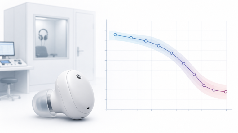 An AirPods-style sealed earbud next to a simplified audiogram, set against a faint audiometry booth, illustrating a consumer hearing screen modeled on a clinical test.