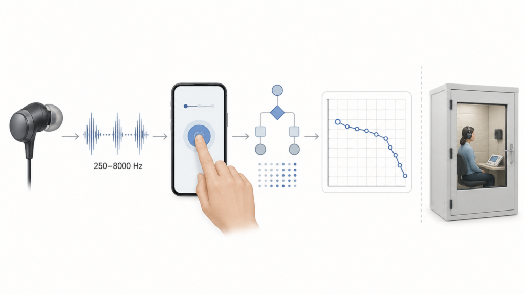 Workflow of the AirPods hearing test: pulsed tones from 250 to 8000 Hz, a tap response, and an adaptive algorithm producing an audiogram, contrasted with a clinical booth