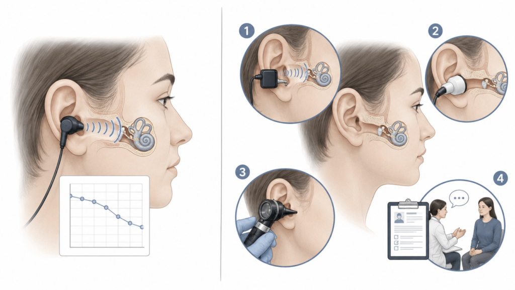 Side-by-side of air-conduction screening versus a full clinical evaluation that adds bone conduction, tympanometry, otoscopy, and history.