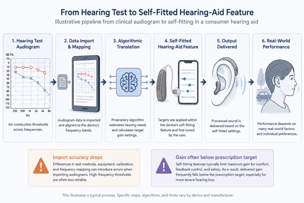 Path from the hearing-test audiogram to the self-fitted hearing aid, marking where import accuracy drops and amplification falls below prescription targets.