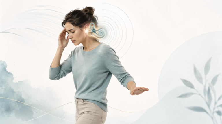 Vestibular neuritis concept illustration showing inner-ear balance disruption and a spinning sensation
